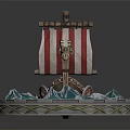 Cartoon Viking Ship With Red White Striped Sail Dragon Head Blue Waves Golden Braided Platform