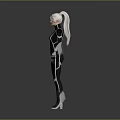 Female Superhero Character In Black Tight Suit With White Hair And Mask