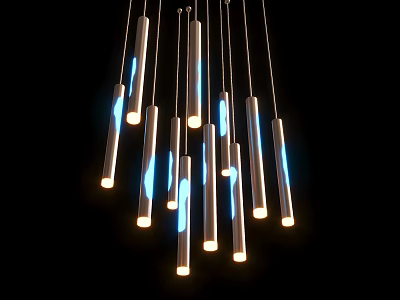 Modern Stylish Chandelier With Multiple Slim Illuminated Tubes And Blue White Light 3d model