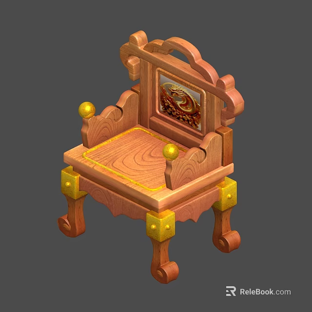 Wooden Single Chair With Carved Ornate Backrest And Golden Decorative Balls 3d model 