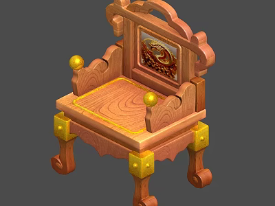 Wooden Single Chair With Carved Ornate Backrest And Golden Decorative Balls 3d model