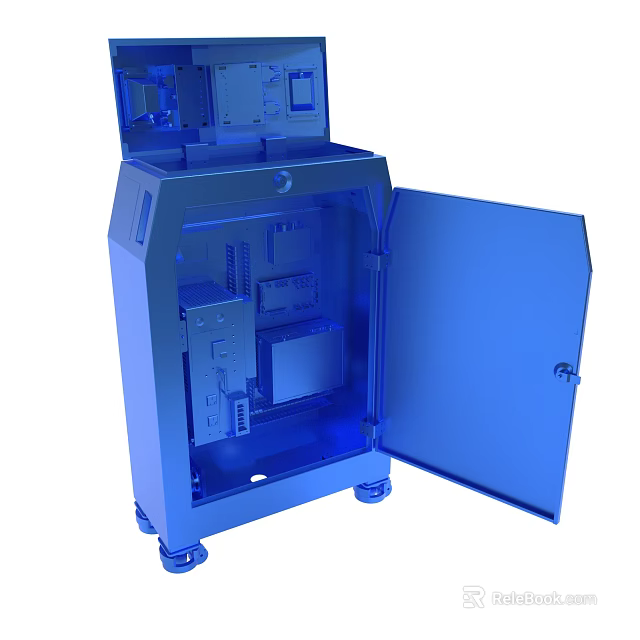 Blue Electrical Control Cabinet With Open Door Revealing Internal Electronic Components And Wiring 3d model 