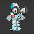 Low Poly Block Style Robot Character With Blue Armor Red Yellow Accents And Weapon Arm