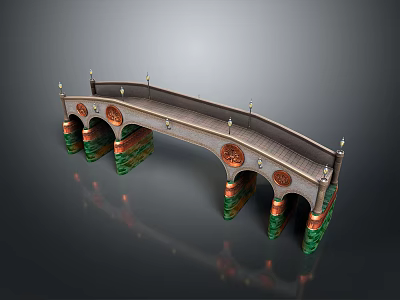 Classical Arched Bridge Model With Decorative Columns Green Red Supports 3d model