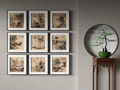 Chinese Interior Decor With Nine Framed Ink Paintings Round Mirror And Bonsai On Wooden Table 3d model