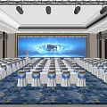Spacious Conference Hall With Neatly Arranged White Seats Stage Lighting And Blue Patterned Carpet