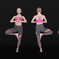 Woman Practicing Yoga Tree Pose From Multiple Angles In Pink Sports Bra And Dark Leggings