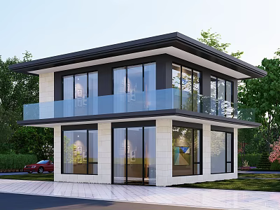 Modern Detached Villa Exterior With Large Glass Windows Glass Balcony And Greenery Surroundings 3d model