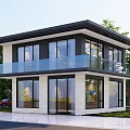 Modern Detached Villa Exterior With Large Glass Windows Glass Balcony And Greenery Surroundings