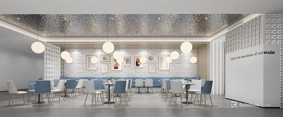 Modern Dining Area With Blue Sofas White Chairs And Pendant Lights 3d model