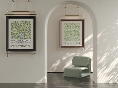 Landscape Paintings On White Wall In Interior With Arch And Chair 3d model