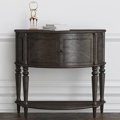 Dark Wooden Entryway Console Table with Carved Legs Double Doors and Decorative Deer Figurine 3d model