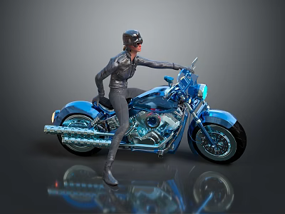 Blue Chrome Motorcycle With Shiny Finish And Black Clad Figure Standing 3d model