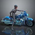 Blue Chrome Motorcycle With Shiny Finish And Black Clad Figure Standing
