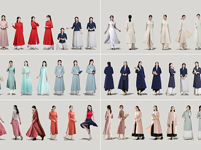 Diverse Group Of Women In Traditional Long Dresses With Different Styles And Colors 3d model