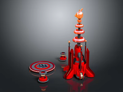 Modern Red Commercial Equipment Multi tiered Tower Structure Circular Platforms Base Supports White Ring Decorations 3d model