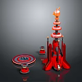 Modern Red Commercial Equipment Multi tiered Tower Structure Circular Platforms Base Supports White Ring Decorations