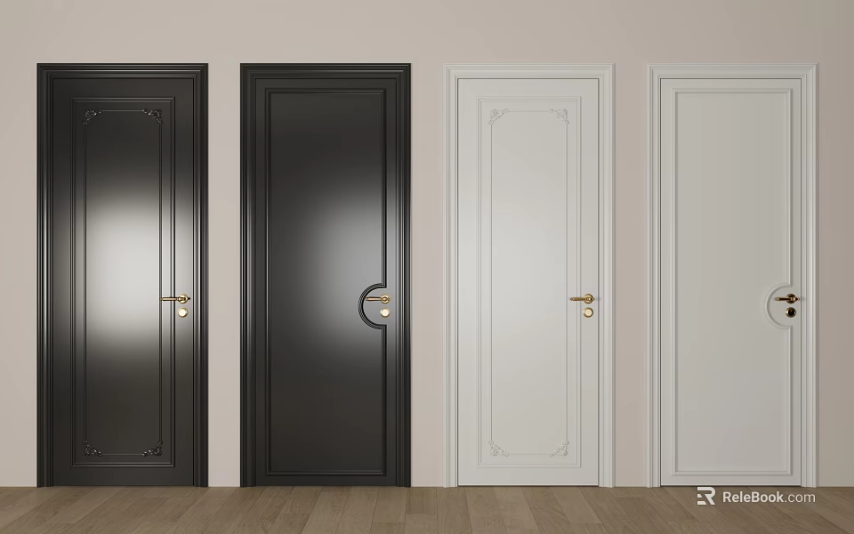 Modern Interior Swing Doors In Black And White With Gold Handles And Decorative Panels 3d model 