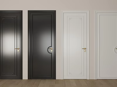 Modern Interior Swing Doors In Black And White With Gold Handles And Decorative Panels 3d model
