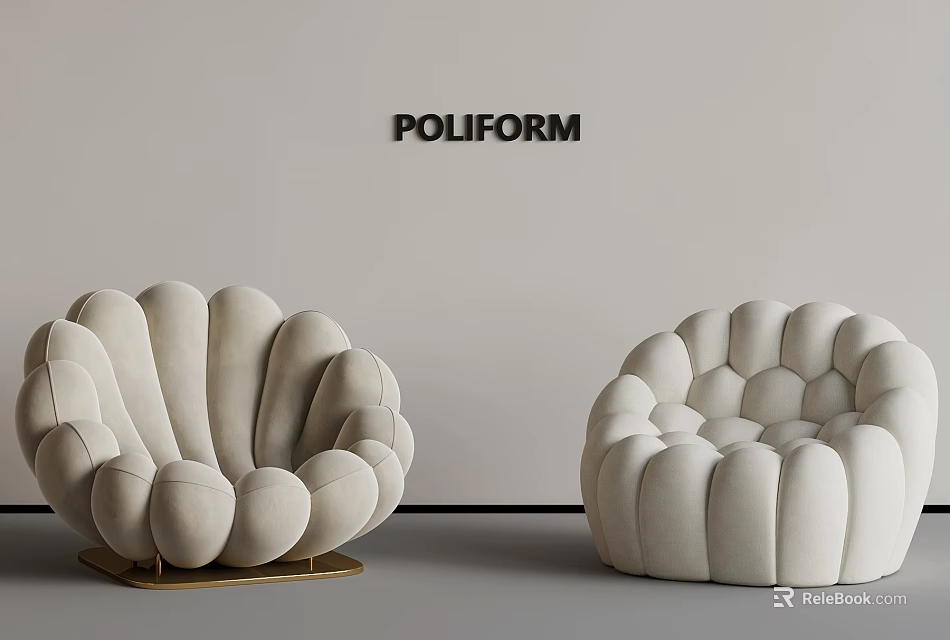 Poliform Shell Shaped Armchairs With Light Beige Fabric And Golden Base 3d model 