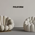 Poliform Shell Shaped Armchairs With Light Beige Fabric And Golden Base 3d model