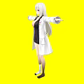 Woman with long white hair in black dress and white coat arms outstretched on yellow background