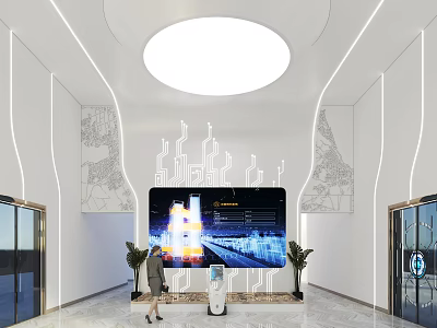 Modern Front Desk Reception With Large Digital Screen Decorative Wall Glass Doors And Potted Plants 3d model
