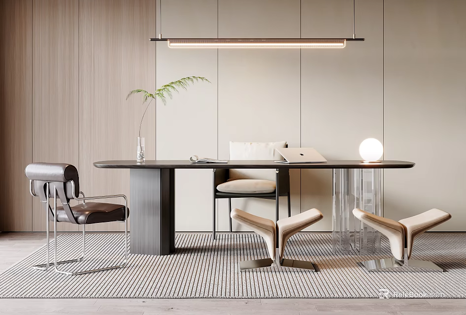 Modern Study Room Interior With Wooden Desk Leather Chairs And Pendant Light 3d model 