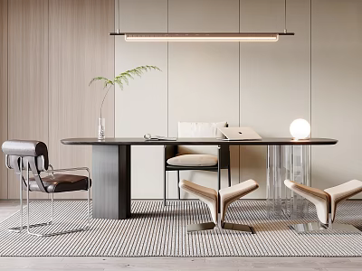 Modern Study Room Interior With Wooden Desk Leather Chairs And Pendant Light 3d model