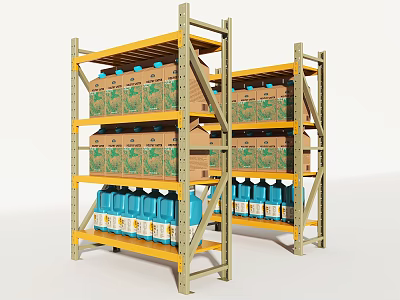 Multi tiered Metal Display Racks With Neatly Arranged Cardboard Boxes And Blue Bottles 3d model