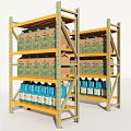 Multi tiered Metal Display Racks With Neatly Arranged Cardboard Boxes And Blue Bottles