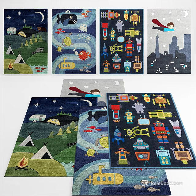 Playful Square Carpets Featuring Camping Robot City Submarine Patterns For Interior Decor 3d model