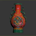 Traditional Chinese Red Vase With Intricate Dragon Patterns And Green Accents