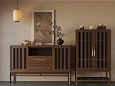 Chinese Style Interior With Wooden TV Cabinet And Display Cabinet Wall Painting Decorations 3d model