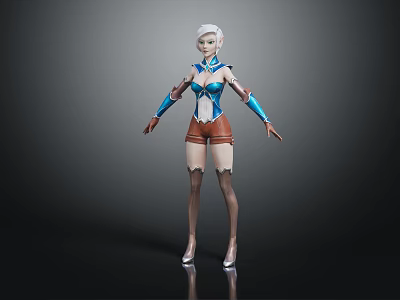 3D Female Character With White Short Hair Mechanical Arms Blue White Outfit And Brown Shorts 3d model
