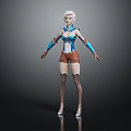 3D Female Character With White Short Hair Mechanical Arms Blue White Outfit And Brown Shorts