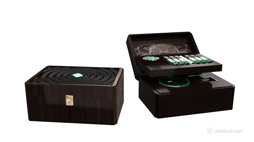 Decorative Wooden Storage Box With Green Items And Open Lid Design 3d model