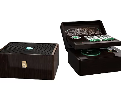 Decorative Wooden Storage Box With Green Items And Open Lid Design 3d model