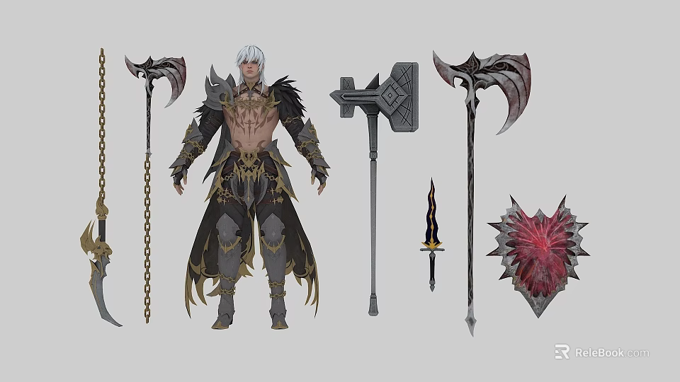 Fantasy Male Warrior In Armored Outfit With Spiked Axe Sword And Weapons Collection 3d model