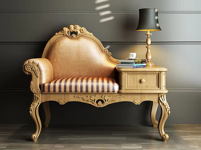 Ornate Leisure Chair With Golden Carved Frame Brown Striped Cushion Side Table Lamp And Books 3d model