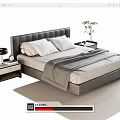 Modern Double Bed with Black Headboard White Pillows Gray Blanket Nightstands Lamp Clock and Plant