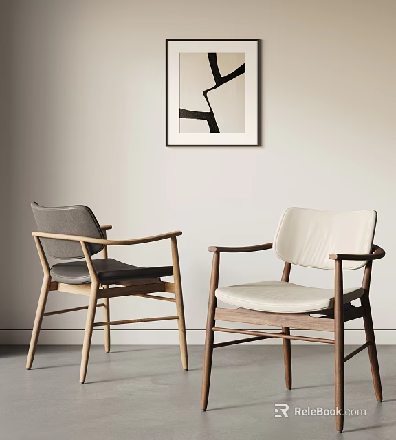 Modern Minimalist Dining Chairs With Wooden Frame And Gray Beige Cushions Near Abstract Wall Art 3d model 