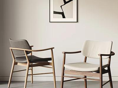 Modern Minimalist Dining Chairs With Wooden Frame And Gray Beige Cushions Near Abstract Wall Art 3d model