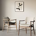Modern Minimalist Dining Chairs With Wooden Frame And Gray Beige Cushions Near Abstract Wall Art