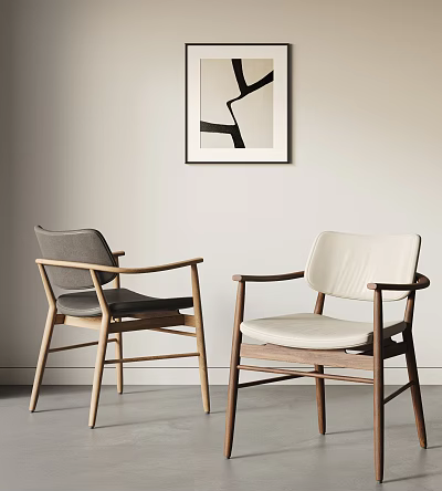 Modern Minimalist Dining Chairs With Wooden Frame And Gray Beige Cushions Near Abstract Wall Art 3d model