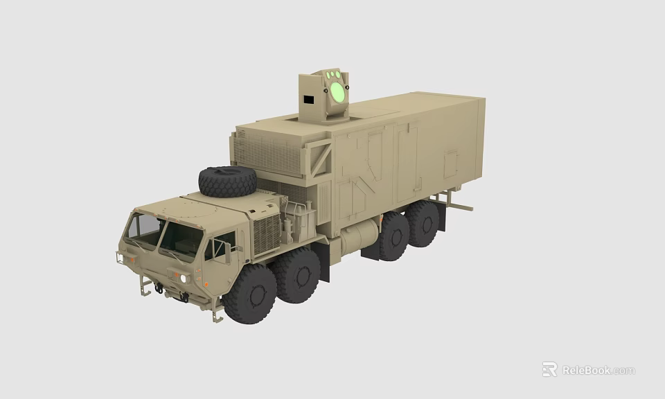 Khaki Colored Multi Wheeled Utility Vehicle With Roof Mounted Equipment And Cargo Container 3d model 