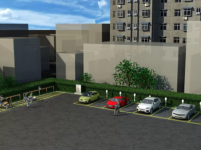 Parking Lot With Multiple Parked Cars Railing And Green Plants Near High Rise Buildings 3d model