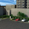 Parking Lot With Multiple Parked Cars Railing And Green Plants Near High Rise Buildings