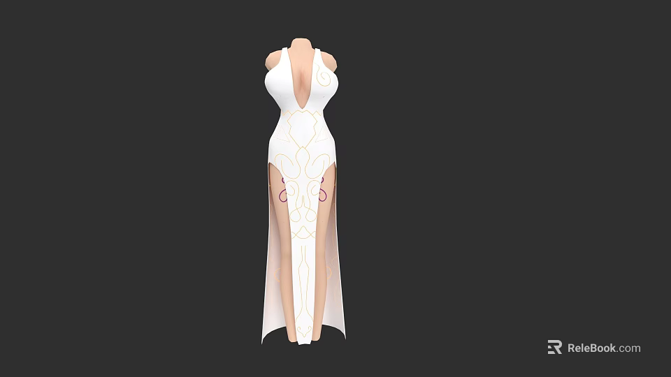 Woman in White Long Dress with Deep V Neckline High Slit and Decorative Patterns 3d model 