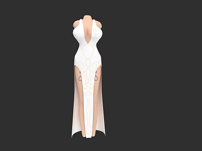 Woman in White Long Dress with Deep V Neckline High Slit and Decorative Patterns 3d model